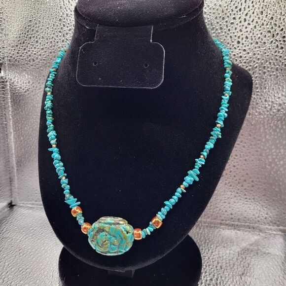 Genuine Turquoise Beaded Necklace With Carved Center Bead - Picture 3 of 4